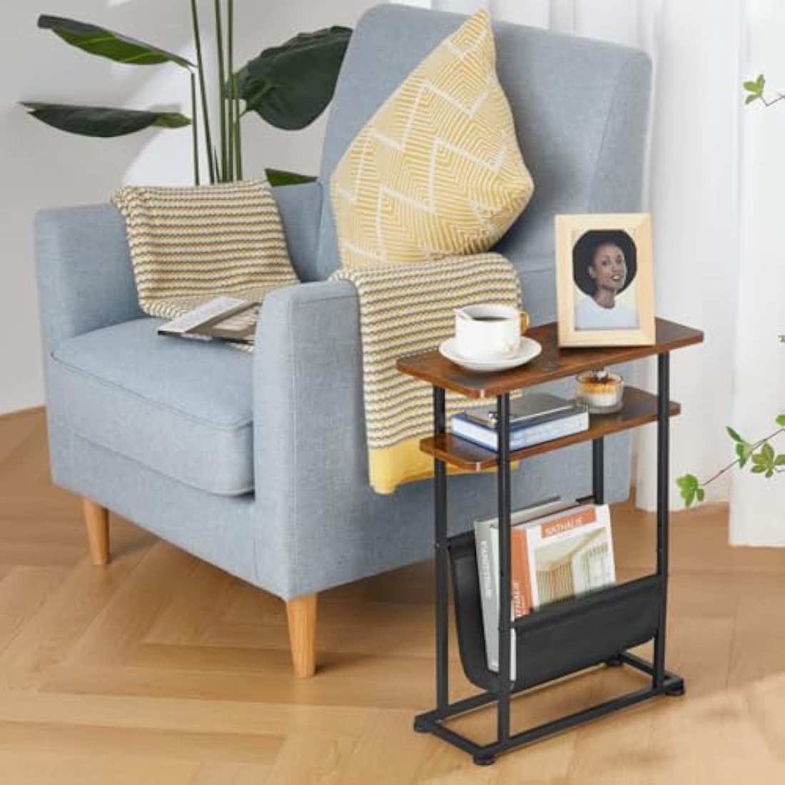 ZEXVIDA Slim Side Table with Magazine Holder – Narrow Industrial End Table