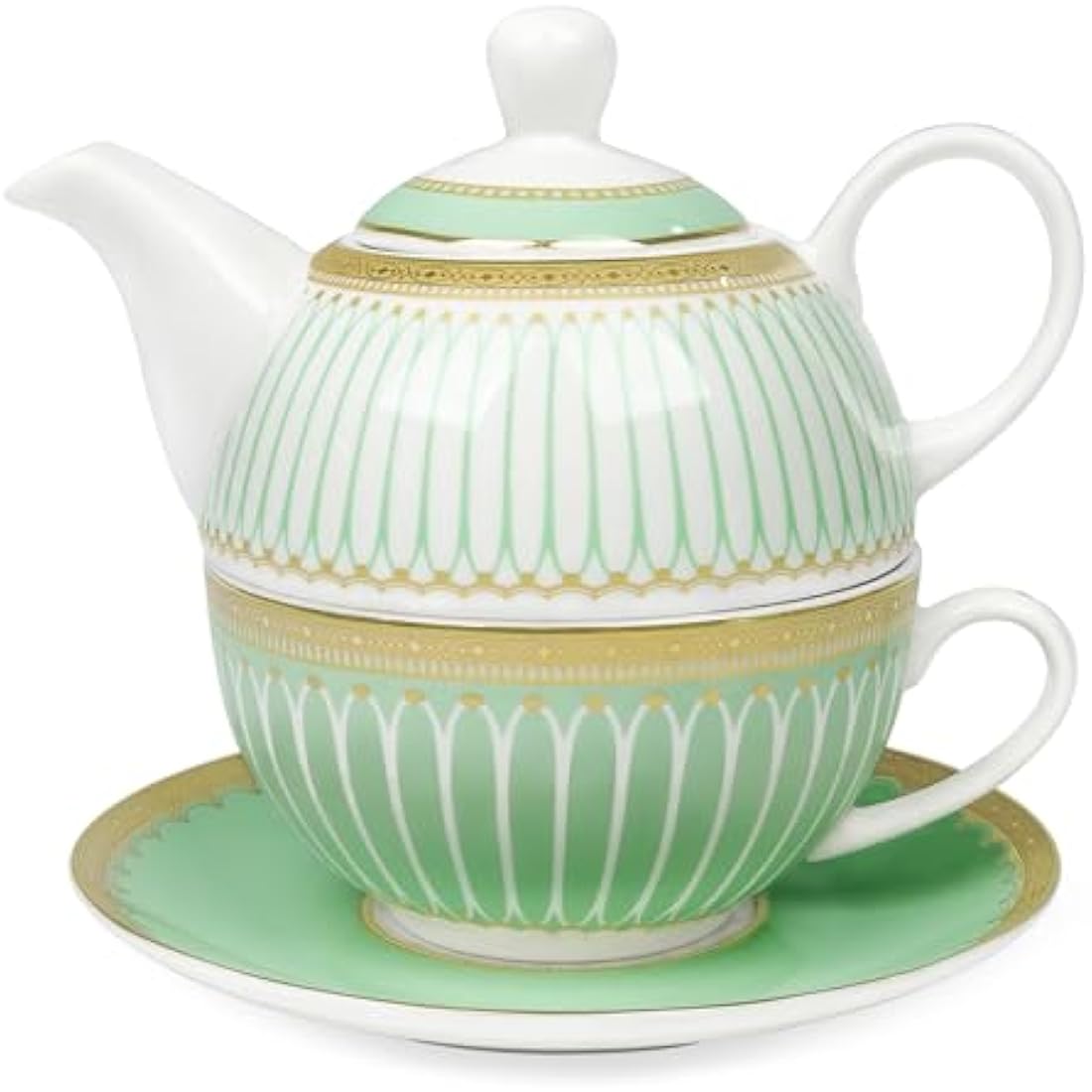 fanquare Porcelain Tea for One Set | Green Striped Teapot and Cup