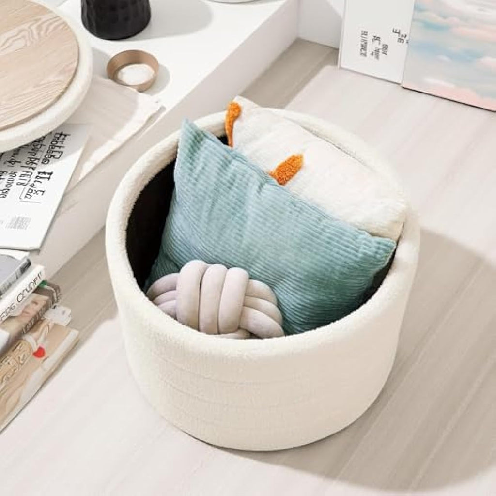 Bonlife Round Storage Ottoman – White Boucle Folding Coffee Table Stool