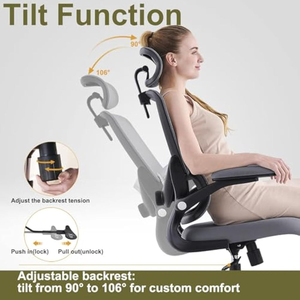 TONFARY Ergonomic Mesh Office Chair | Adjustable Lumbar & Flip-Up Arms
