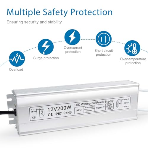 inShareplus 200W LED Power Supply | IP67 Waterproof 12V DC Driver Adapter