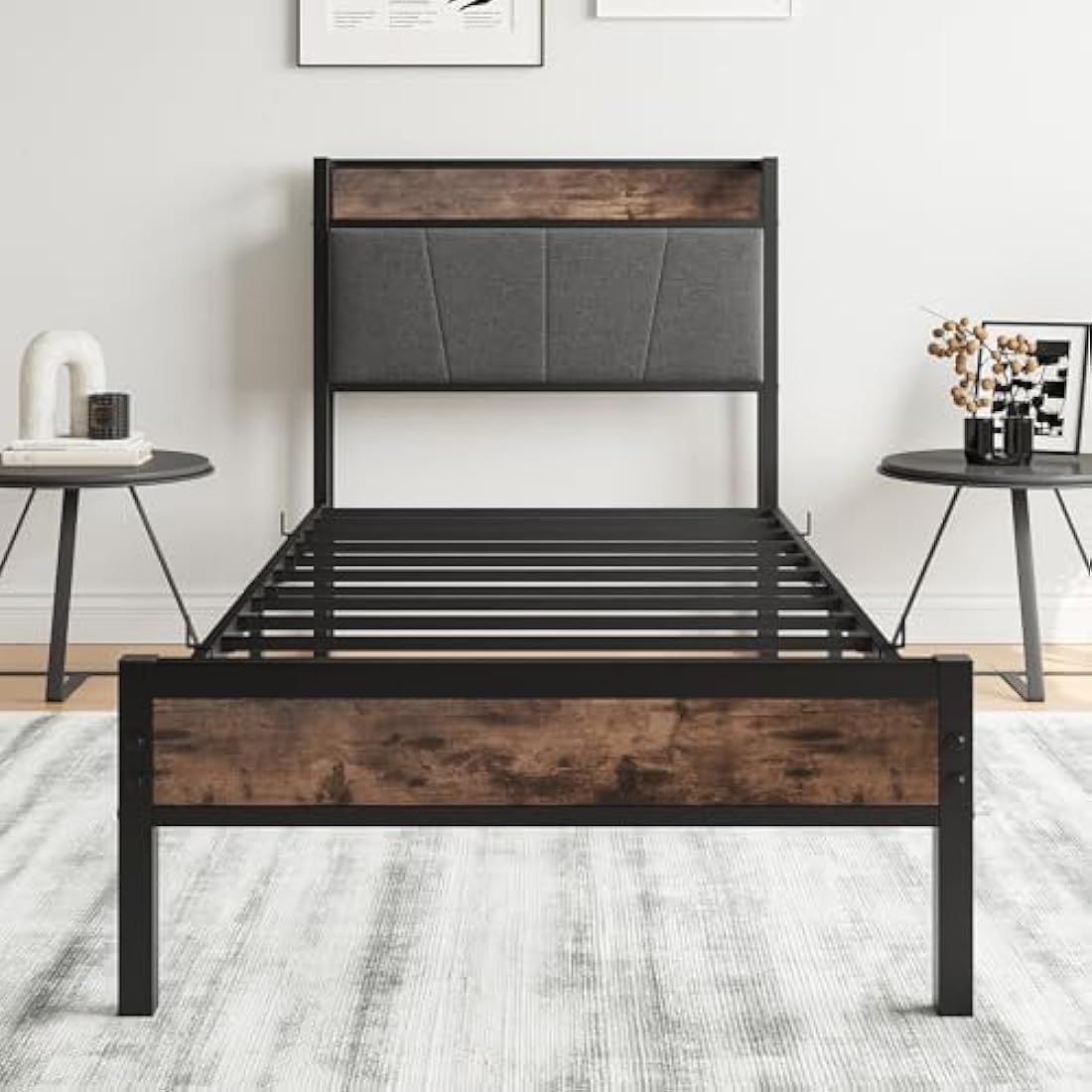 BORPHOM 3ft Single Metal Bed Frame with Storage Headboard & Upholstery