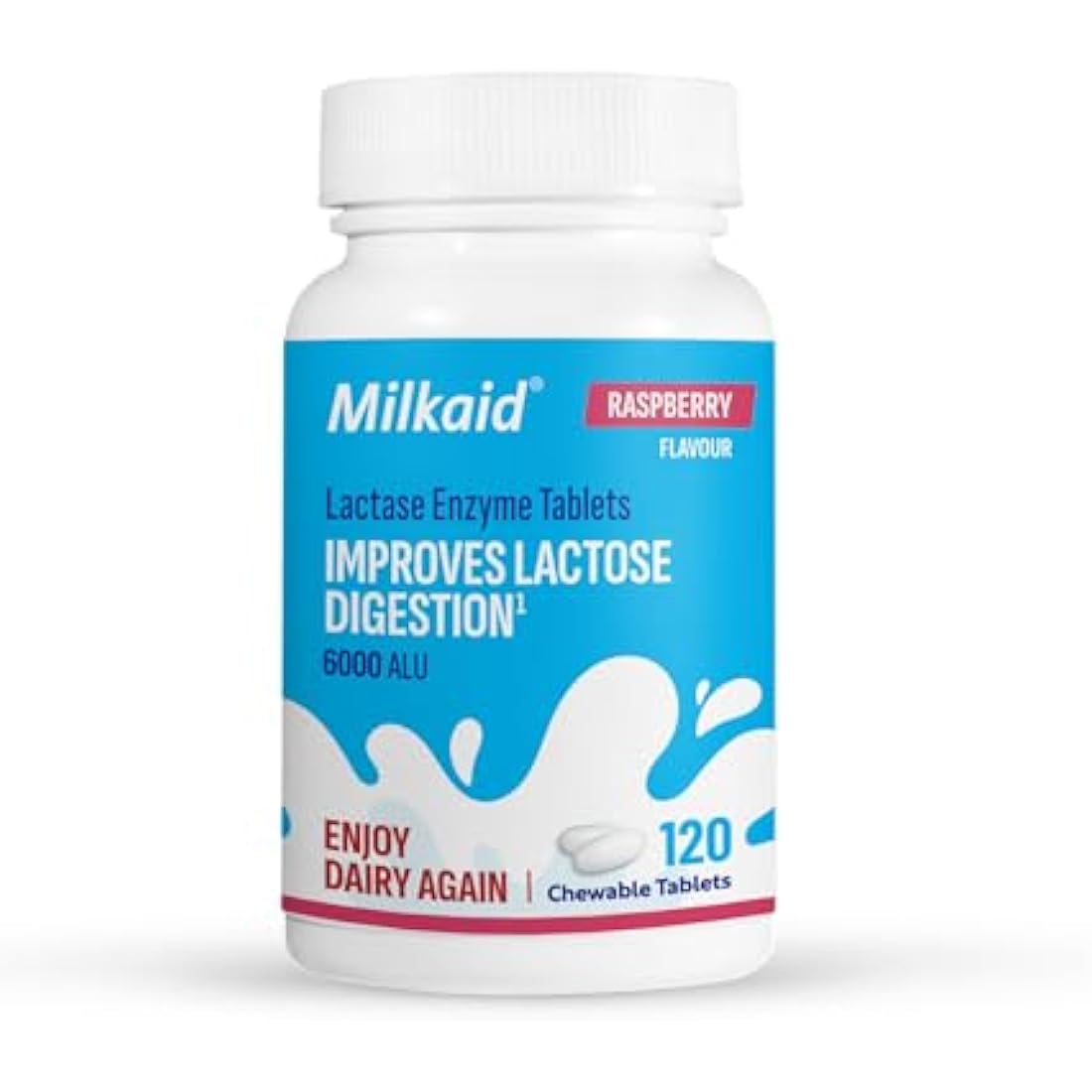Milkaid Lactase Enzyme Chewable Tablets - Raspberry Flavor - 120 Count