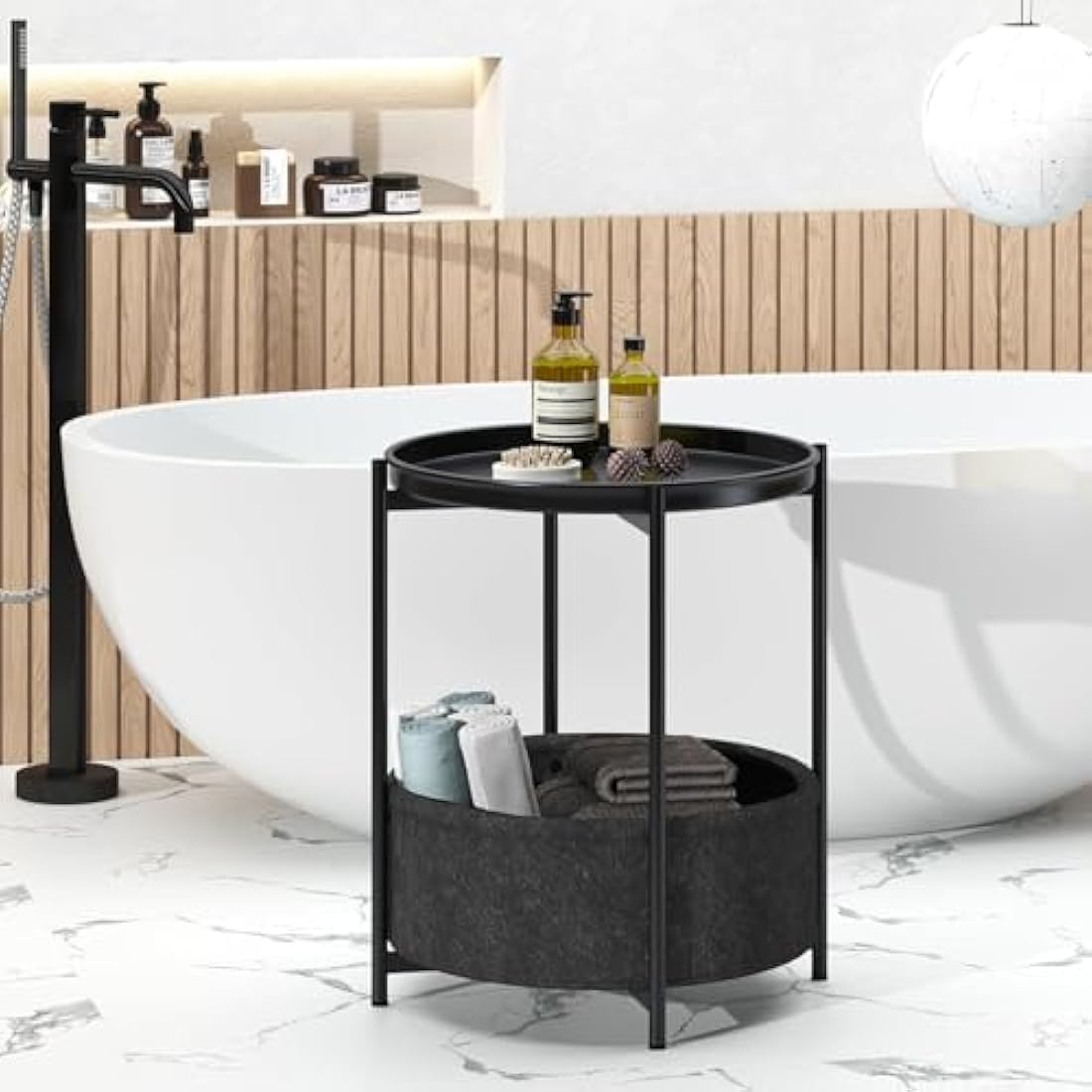 Jolof Store Round Side Table – Metal End Table with Storage Basket