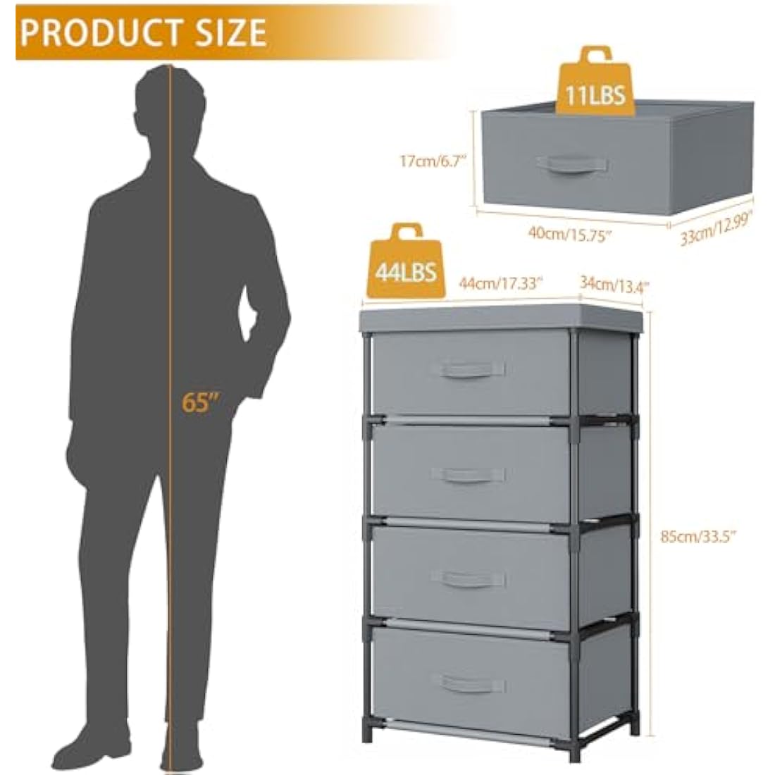 WANGIRL 4-Drawer Fabric Dresser – Grey Storage Chest with Steel Frame