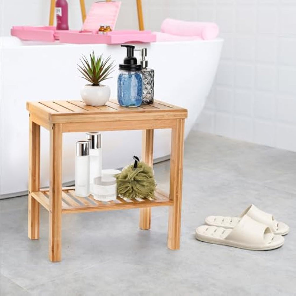 SOUJOY Bamboo Shower Bench - Waterproof Bath Stool with Storage Shelf