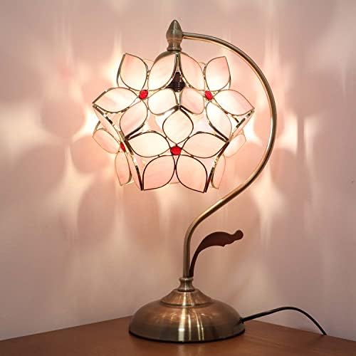 Bieye Tiffany Style Pink Stained Glass Flower Petal Table Lamp | 8"