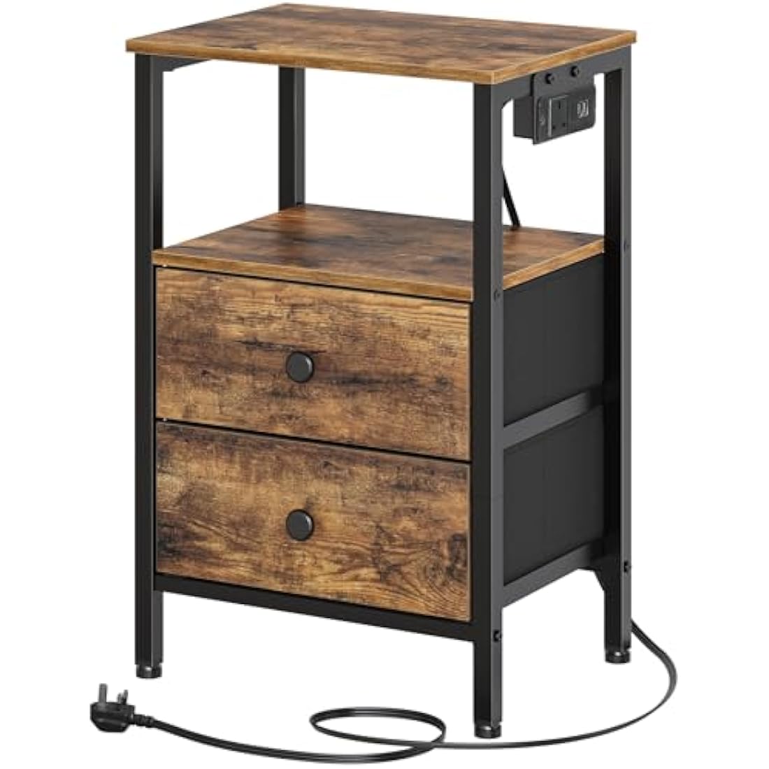 YATINEY Bedside Table with Charging Station | 2-Drawer Industrial Nightstand
