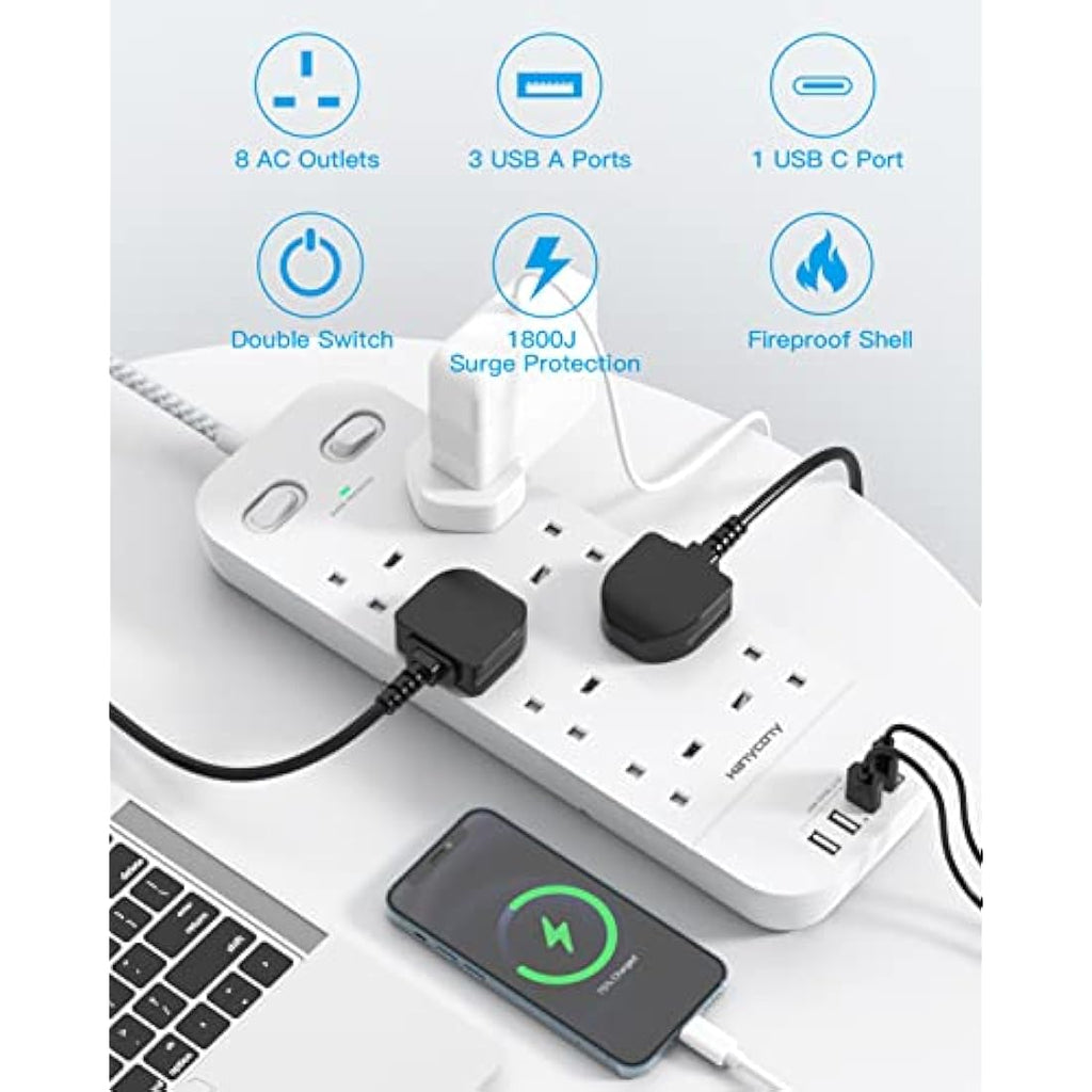 Jolof Store 8-Way Power Strip – 10FT Extension Lead with 4 USB Ports