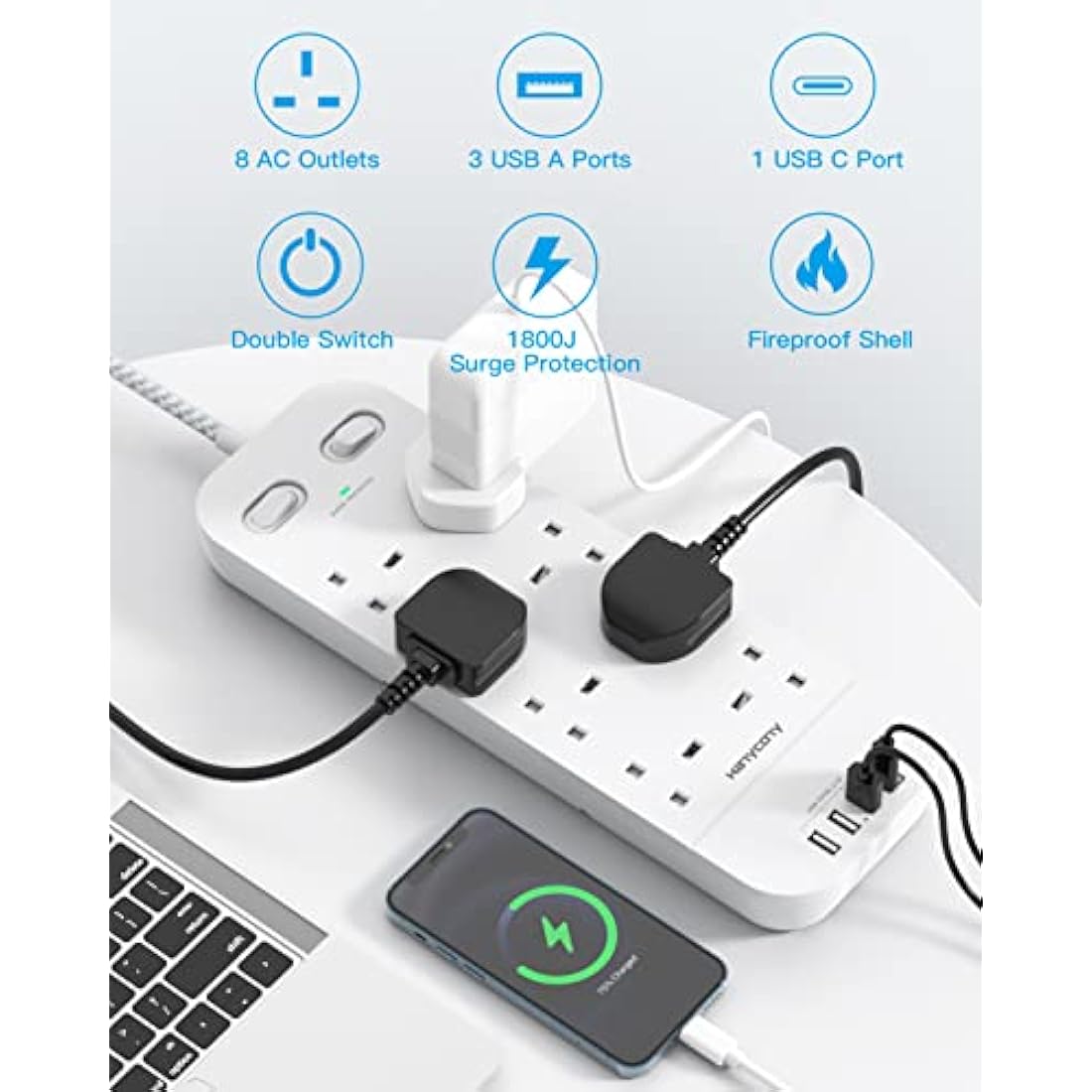Jolof Store 8-Way Power Strip – 10FT Extension Lead with 4 USB Ports