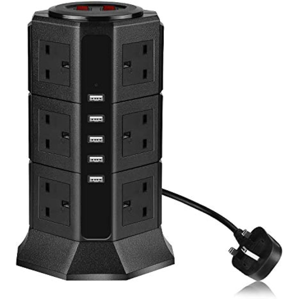 PRITEK 12-Way Vertical Extension Lead | 1000J Surge Protector with 5 USB