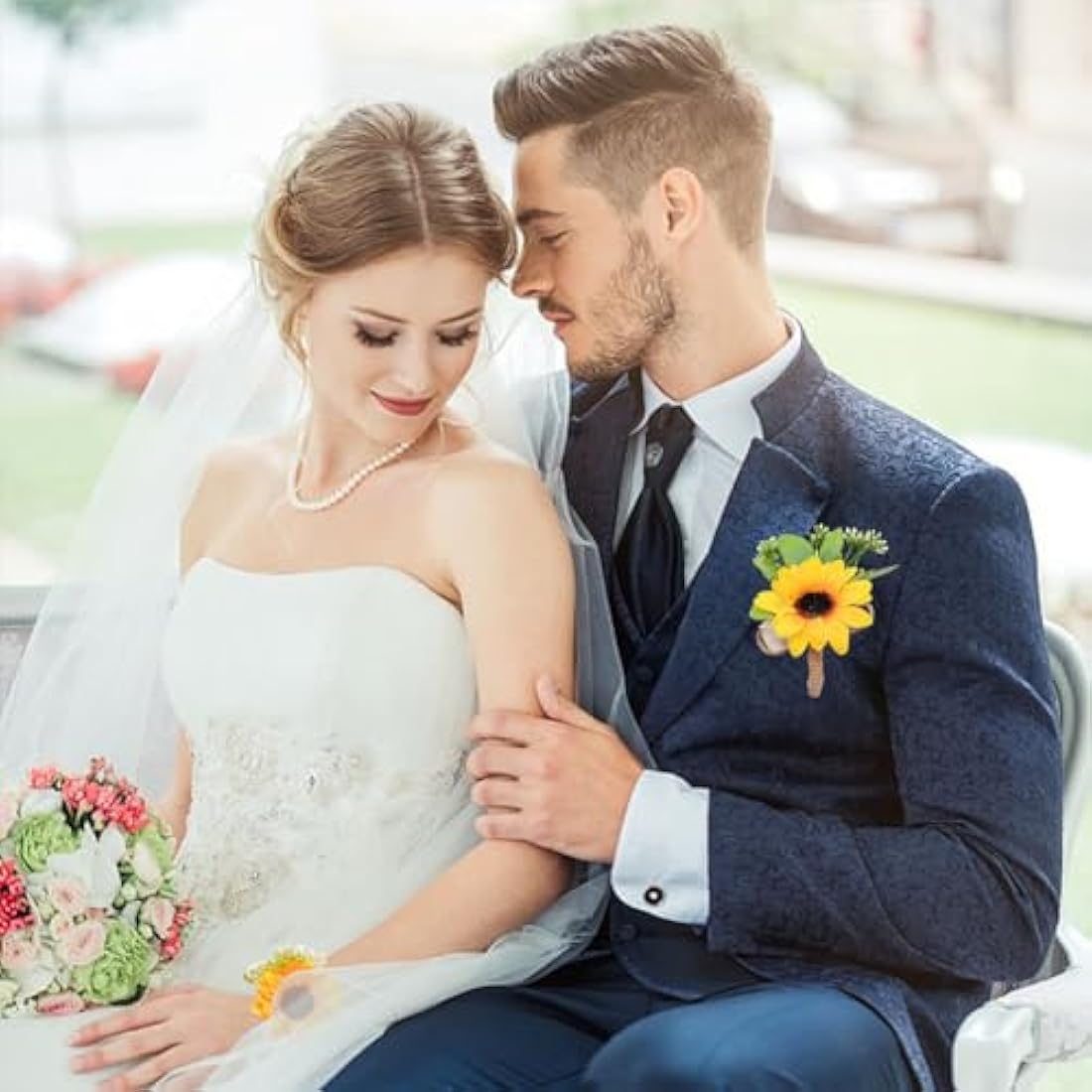 Sunflower Wrist Corsage and Boutonniere Set for Weddings