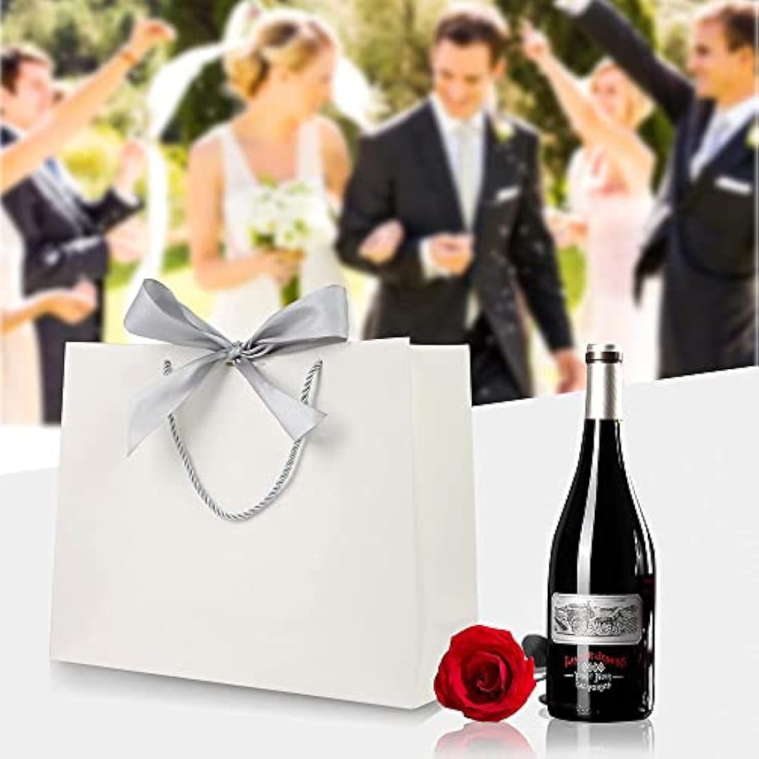 White Paper Gift Bags with Silver Bow Ribbon - 8 Pack