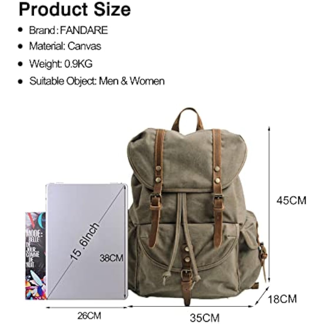 FANDARE Vintage Canvas Hiking Backpack | Waterproof Travel Rucksack - Green