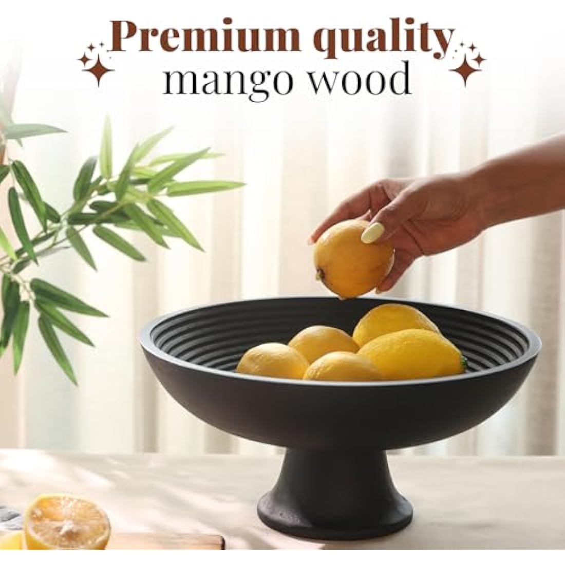 Folkulture 30cm Black Mango Wood Fruit Bowl | Ribbed Decorative Centerpiece