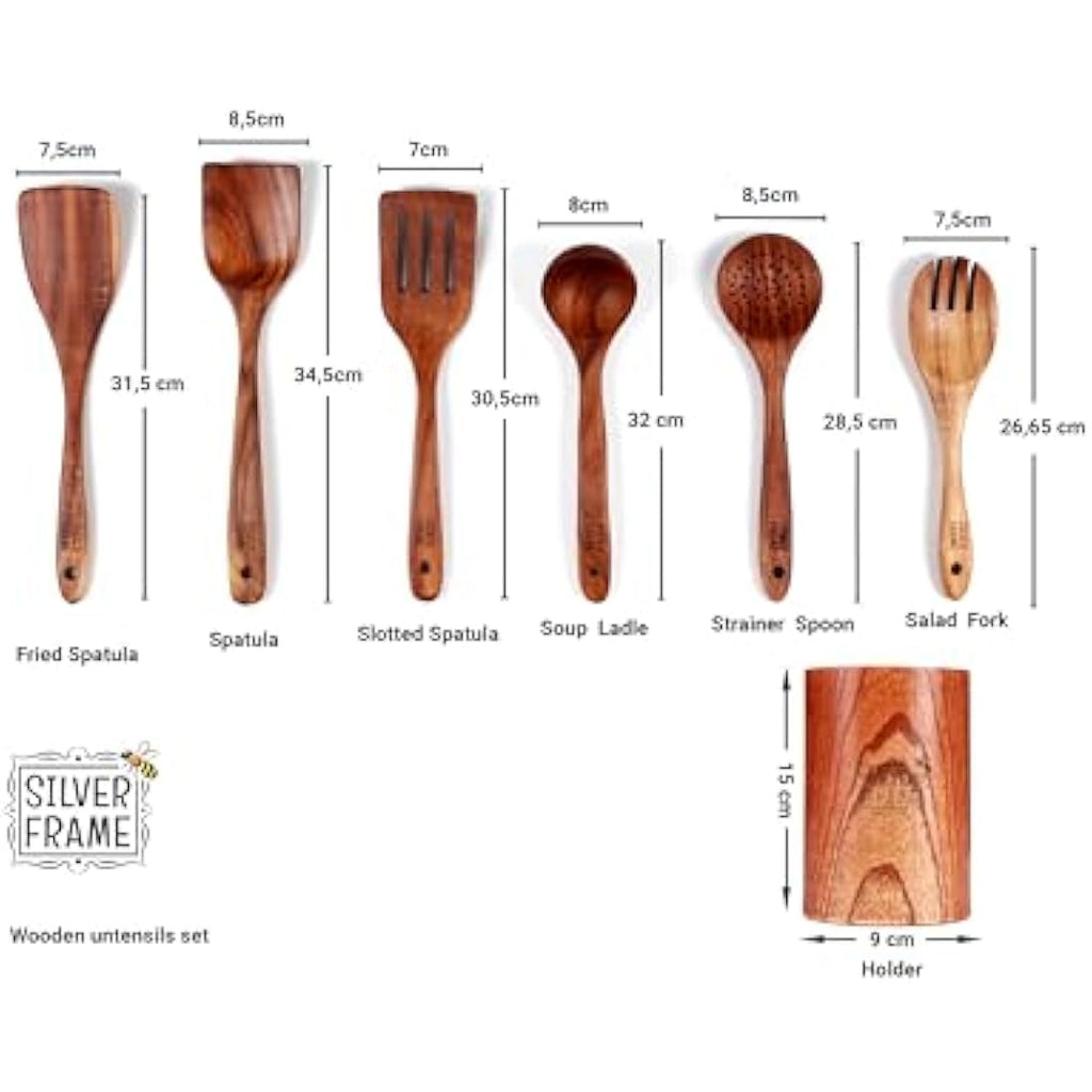 Teak Wood Cooking Utensils Set – 7 Pcs with Kitchen Holder