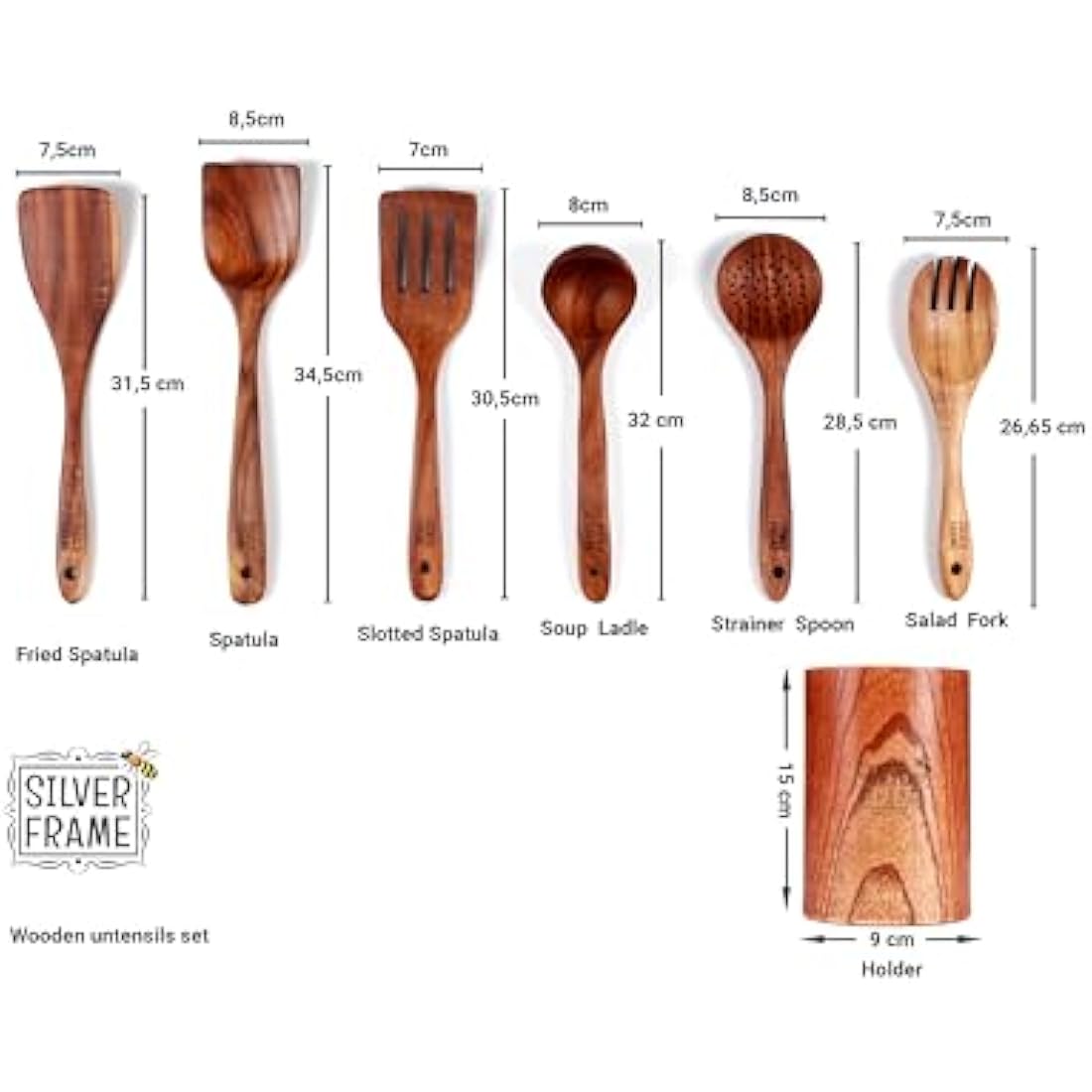 Teak Wood Cooking Utensils Set – 7 Pcs with Kitchen Holder