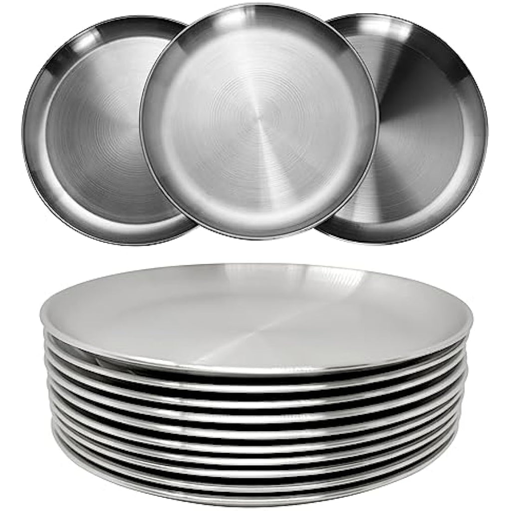 WANBY 304 Stainless Steel Plates | 9-Inch Unbreakable Metal Dishes (10 Pcs)