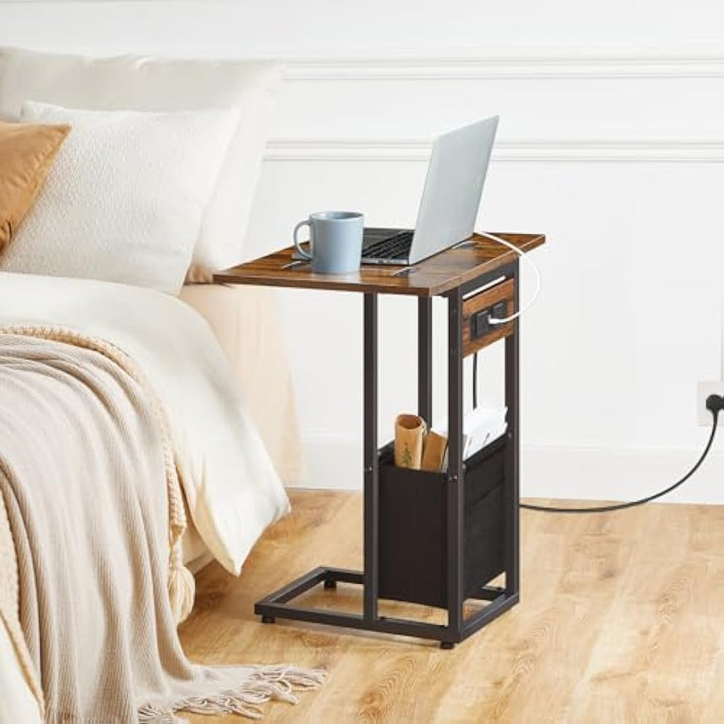 HOOBRO C Shaped Side Table with Charging Station and Foldable Top