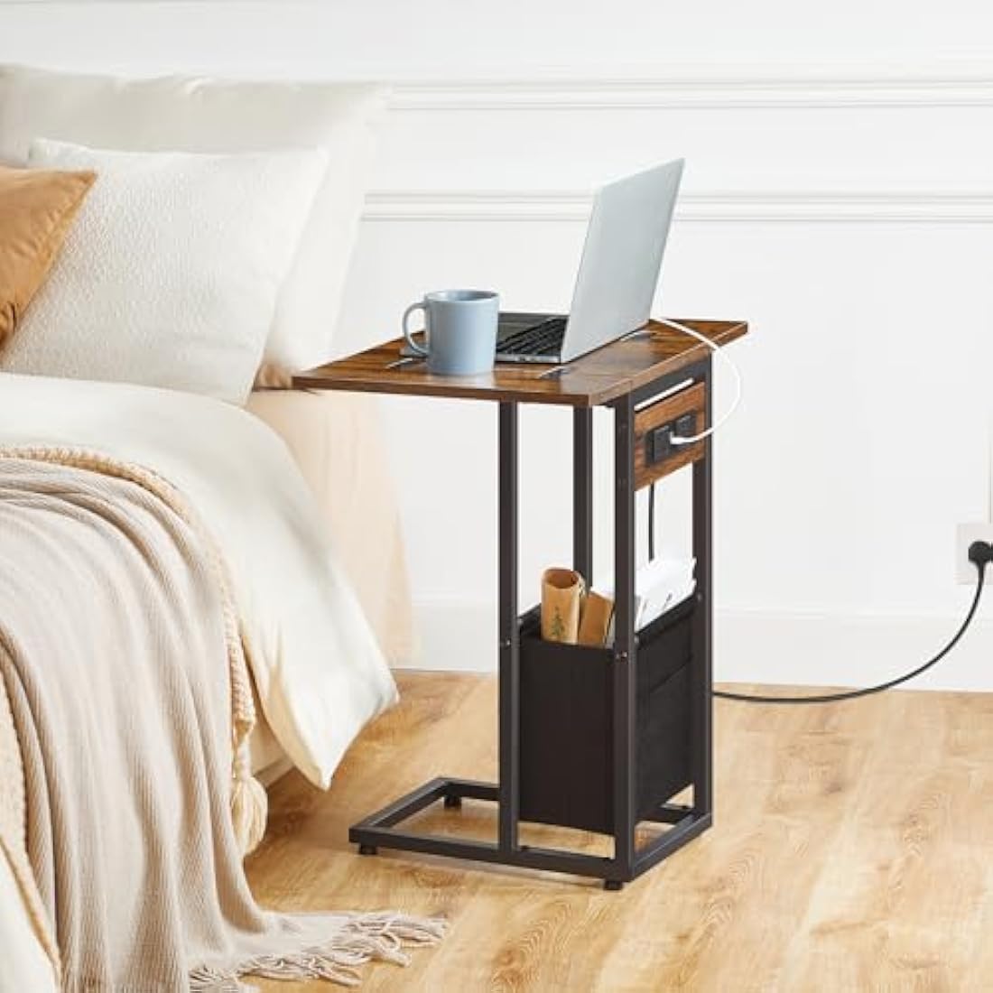 HOOBRO C Shaped Side Table with Charging Station and Foldable Top
