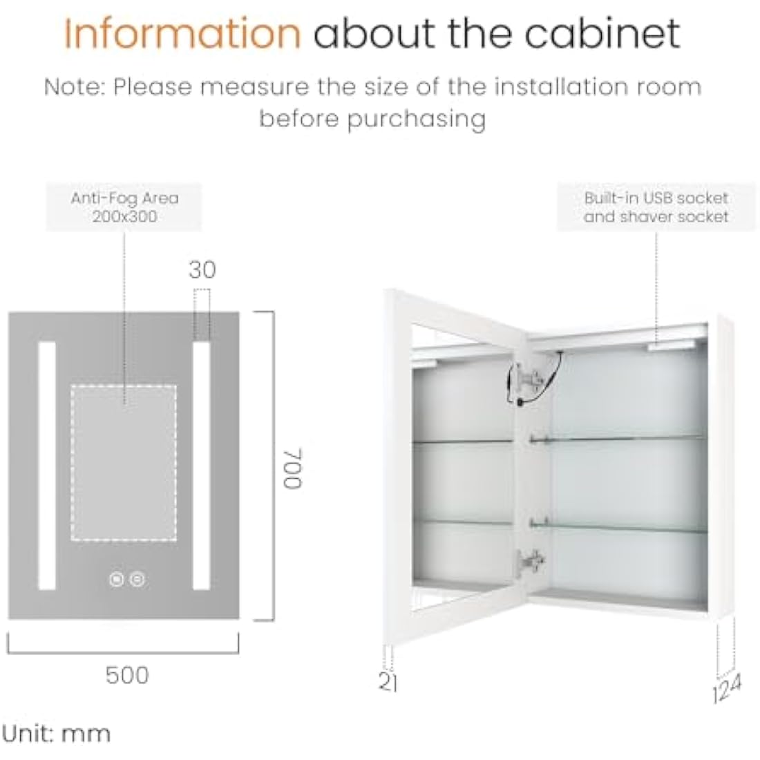 EMKE LED Bathroom Mirror Cabinet with Shaver Socket & Anti-Fog