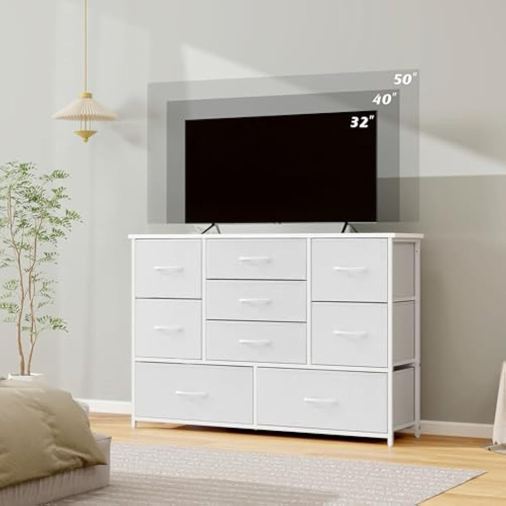 LYNCOHOME 9 Drawer Fabric Dresser – White Chest of Drawers for Bedroom