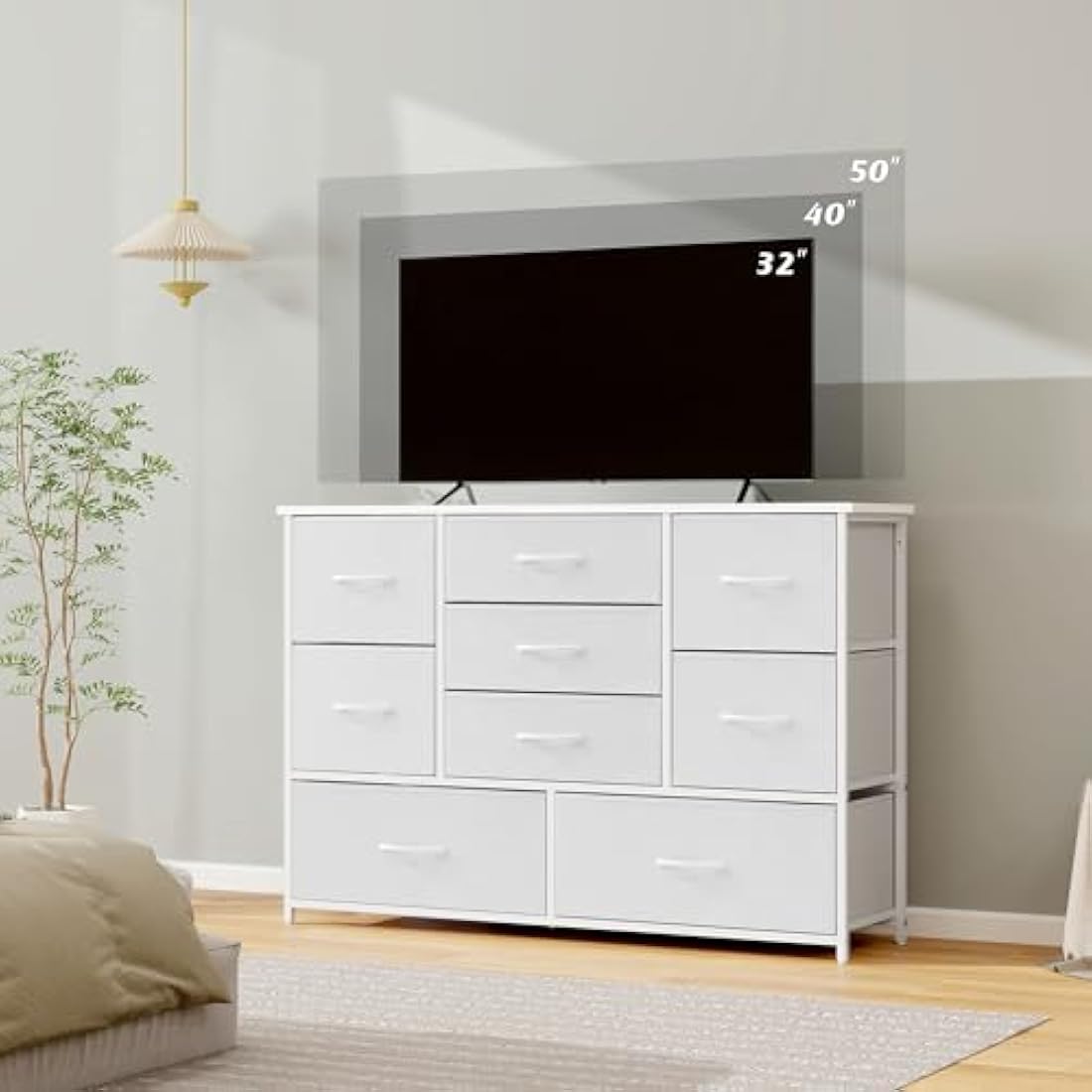 LYNCOHOME 9 Drawer Fabric Dresser – White Chest of Drawers for Bedroom