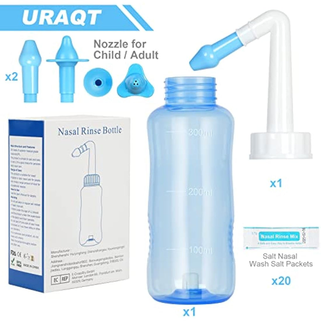 URAQT Neti Pot Nasal Rinse Kit – 300ml Sinus Irrigation with 40 Salt Packs