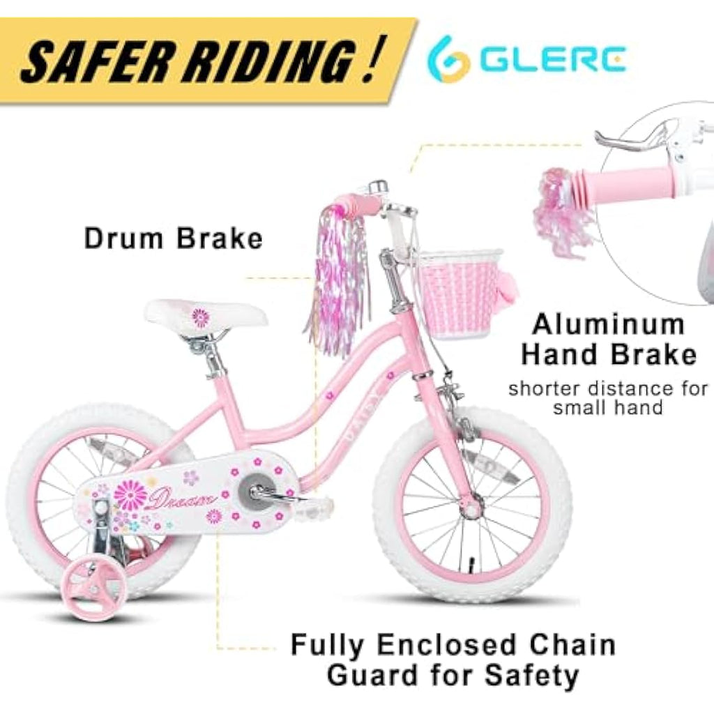 Glerc Daisy 16 Inch Girls Bike with Training Wheels and Basket | Pink