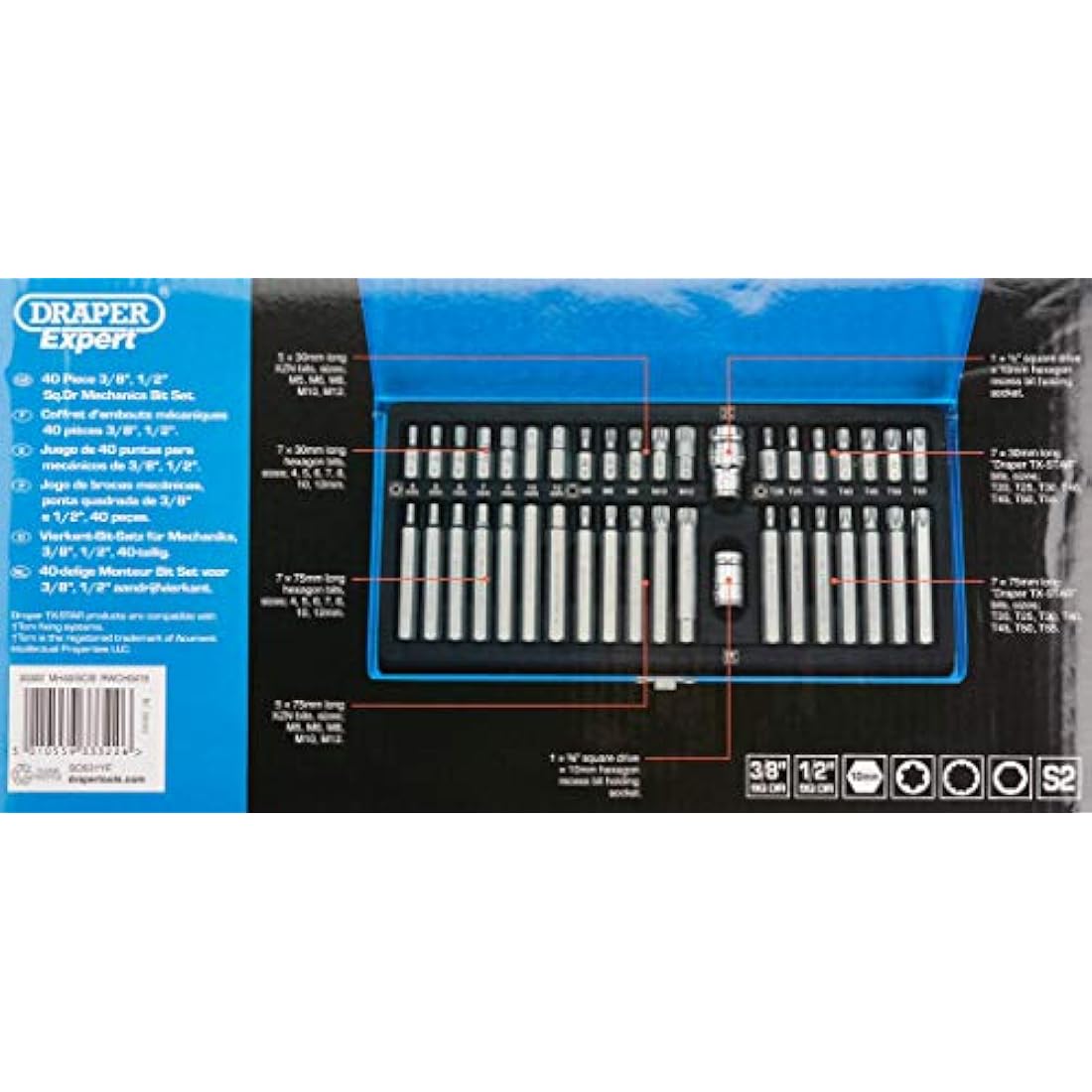 Draper Expert 40 Piece Hex & Spline Bit Set | S2 Steel Mechanics Tools