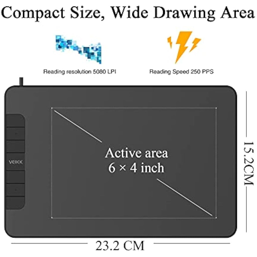 VEIKK VK640 Graphics Drawing Tablet – 6x4 Inch Pad with Battery-Free Pen