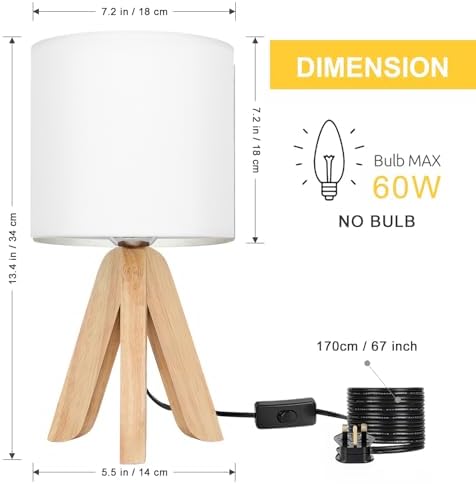 UOMIO Wooden Tripod Table Lamps Set of 2 | Fabric Shade Bedside Lights