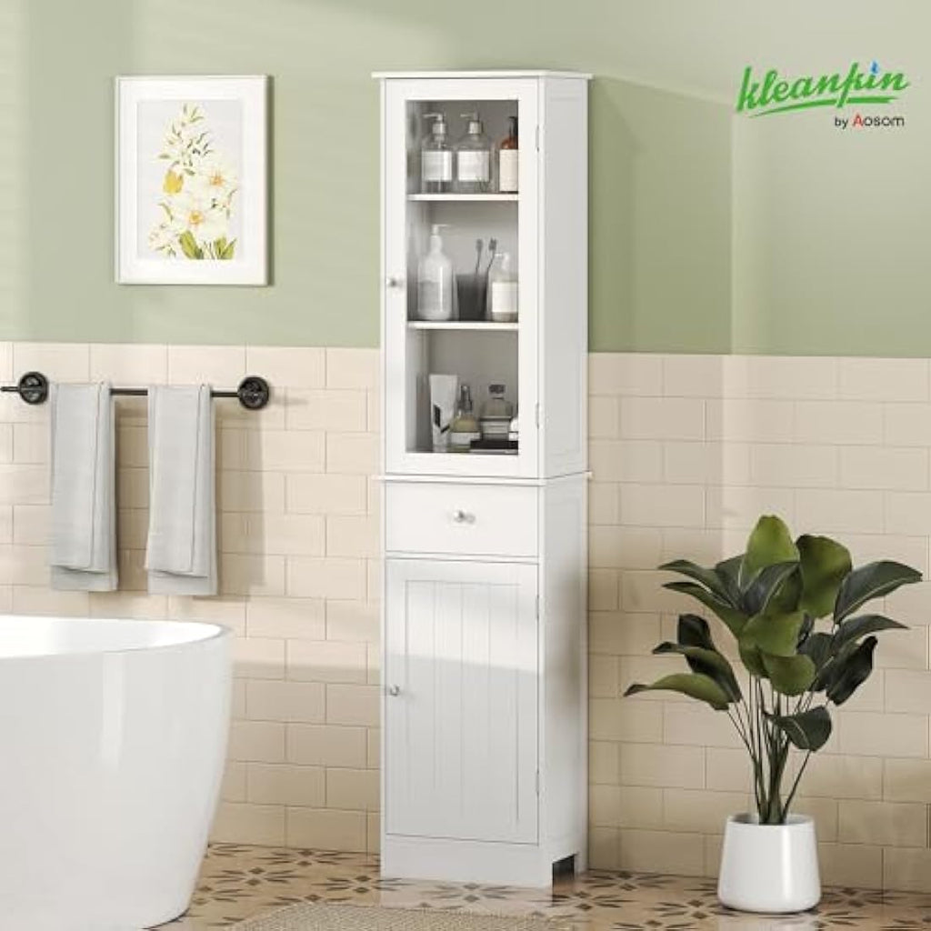 Slim Bathroom Storage Cabinet – Tall 3-Tier Shelf & Drawer