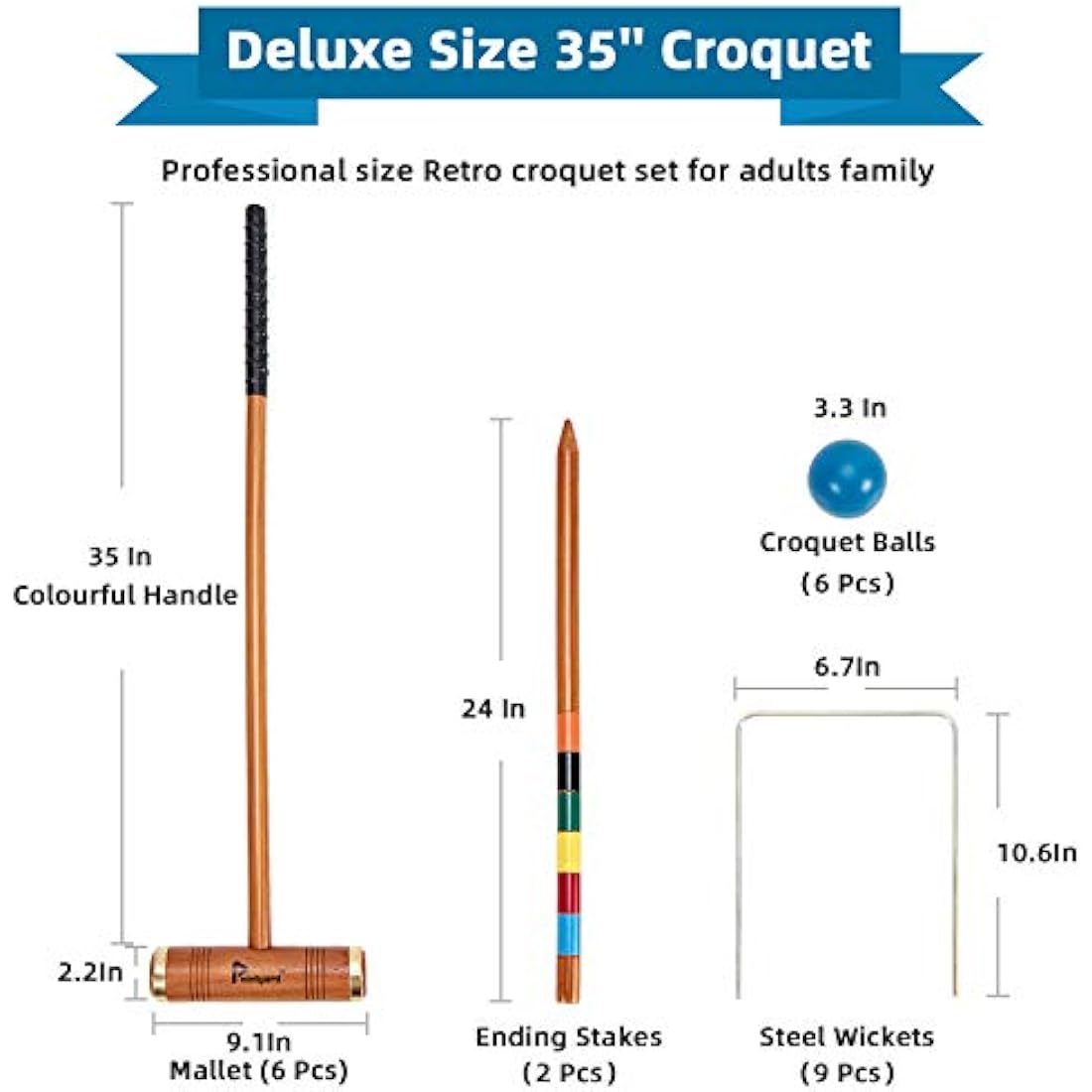 Pointyard 35" Six Player Croquet Set – Deluxe Rubber Wood Lawn Game