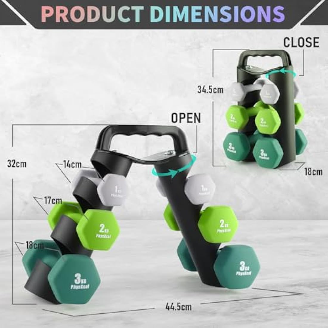 PhysKcal Neoprene Dumbbells Set with Rack - 1kg, 2kg, 3kg Hand Weights