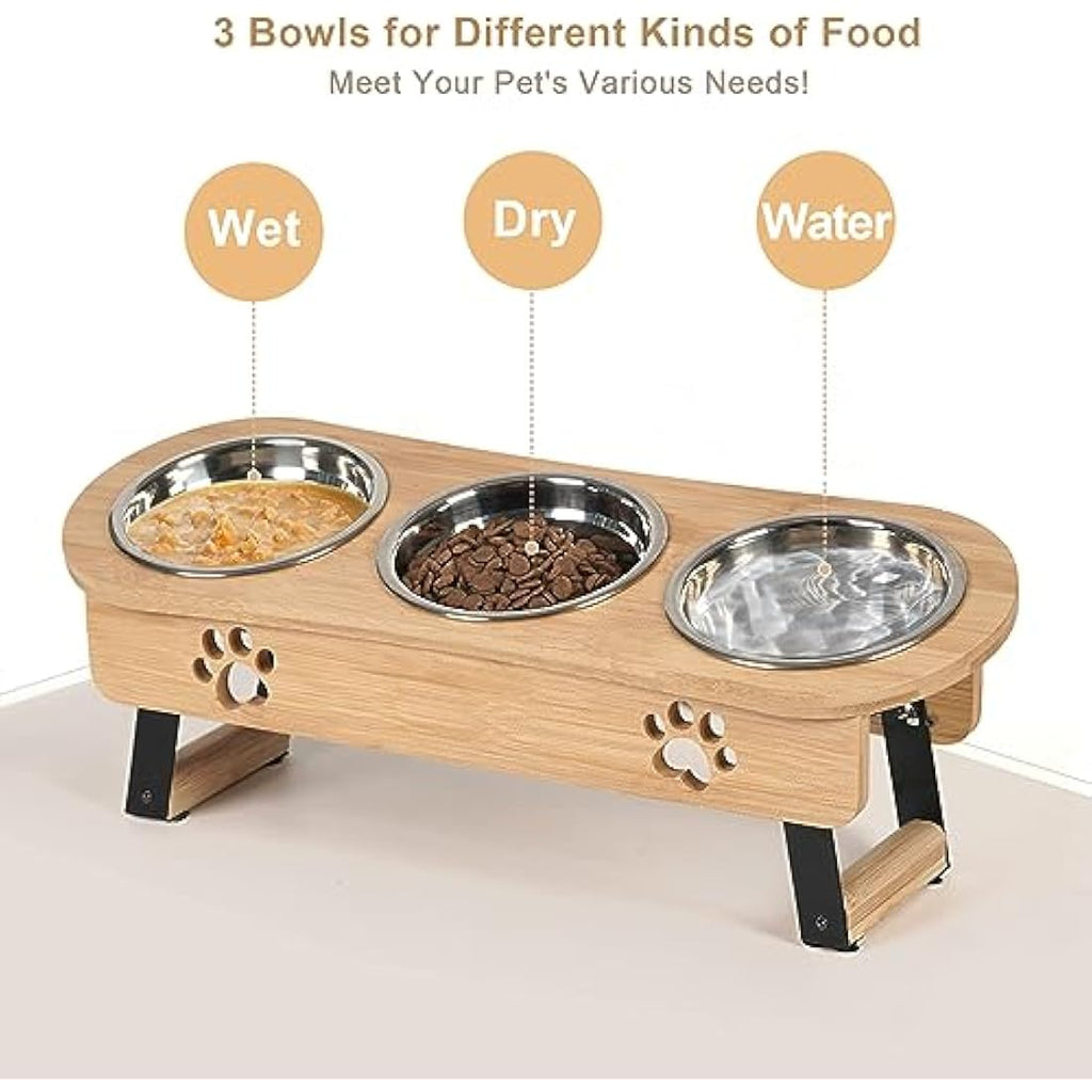 Raised Cat Feeding Station | 3 Stainless Steel Bamboo Bowls