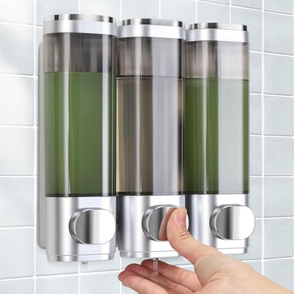 3-Chamber Wall Mount Soap Dispenser – No-Drill Silver ABS