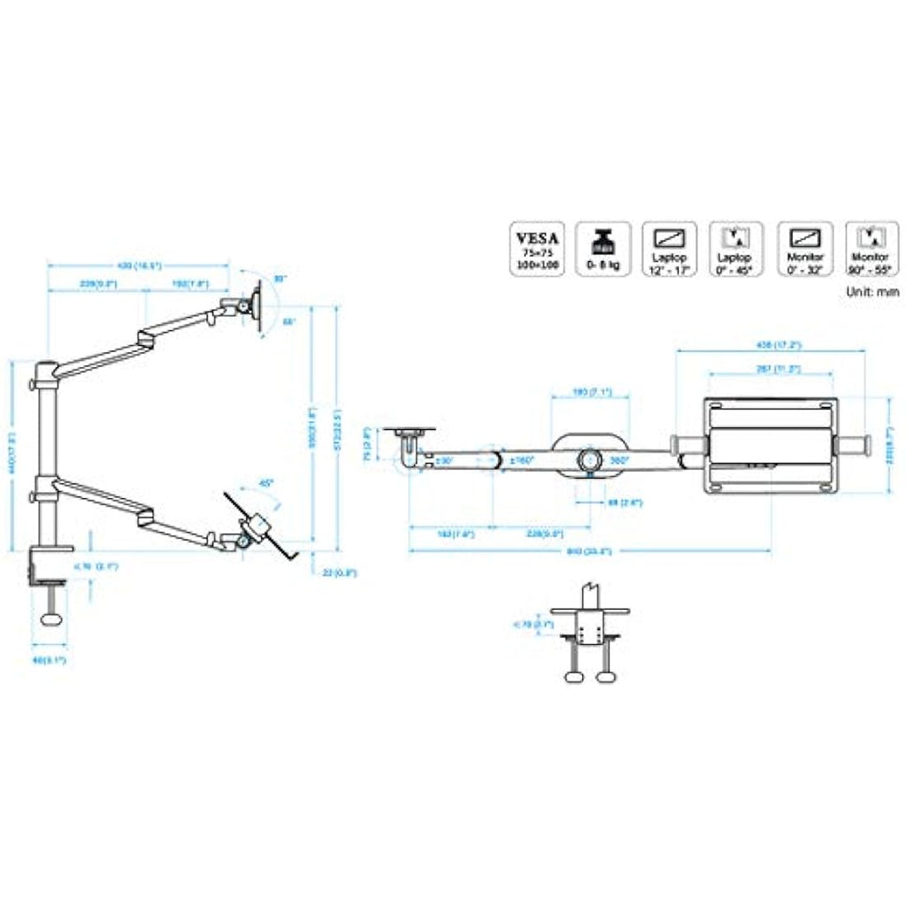 Thingy Club Dual Arm Monitor & Laptop Desk Mount - Silver Aluminum Stand