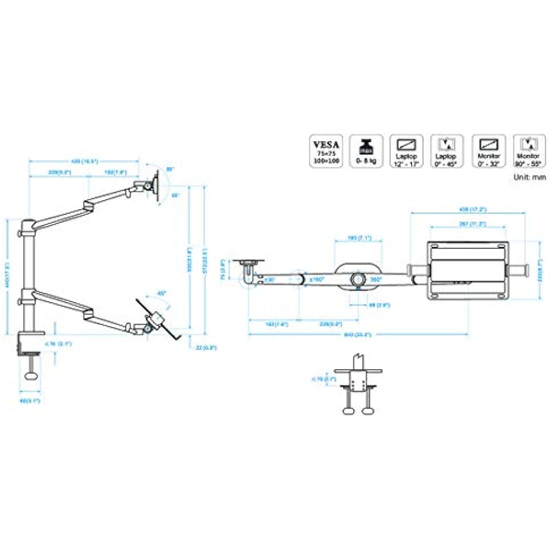 Thingy Club Dual Arm Monitor & Laptop Desk Mount - Silver Aluminum Stand