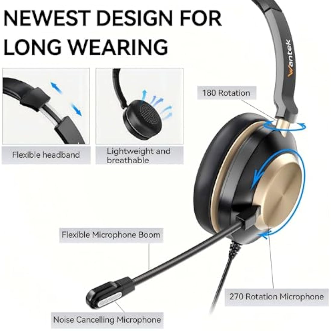 Wantek 3-in-1 USB Headset with Noise Cancelling Mic for PC & Laptop