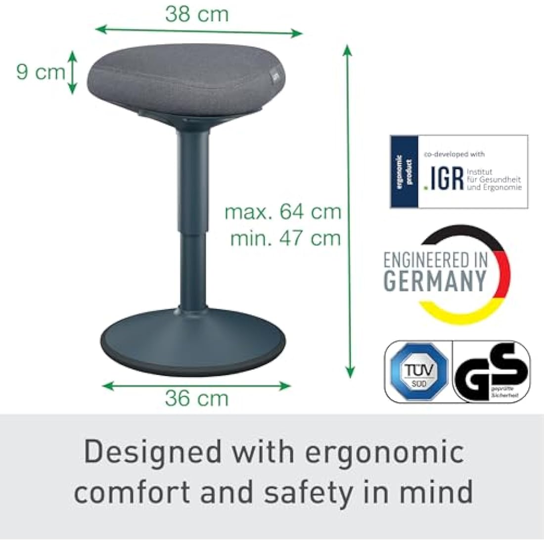 Leitz Ergo Active Sitting Stool | Height Adjustable Wobble Stool - Grey
