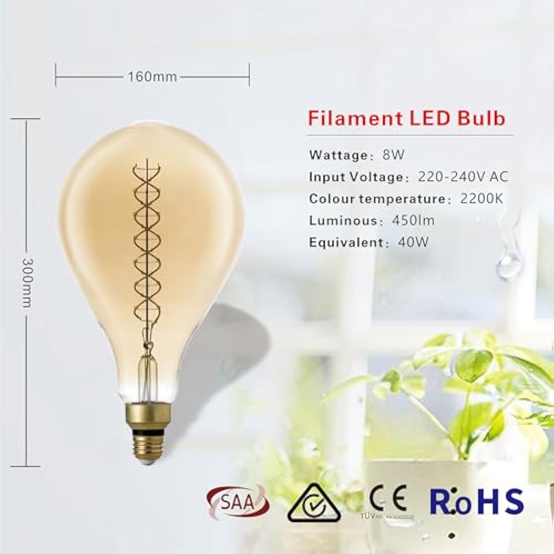 E27 Vintage LED Globe Bulb – Dimmable Warm White 8W PS160