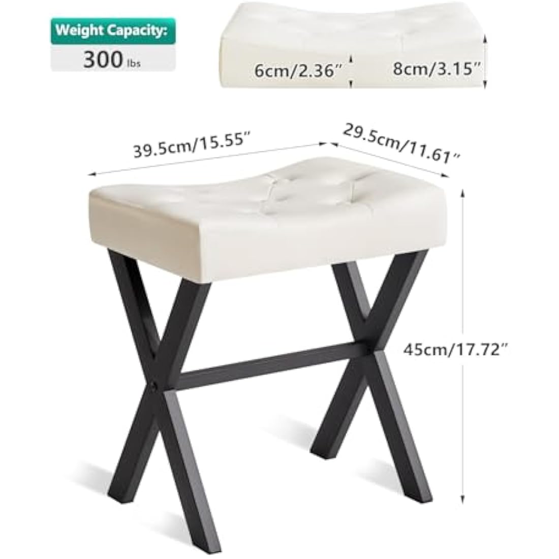 IBUYKE U-Shaped Vanity Stool | White PU Leather Makeup Ottoman with X-Leg