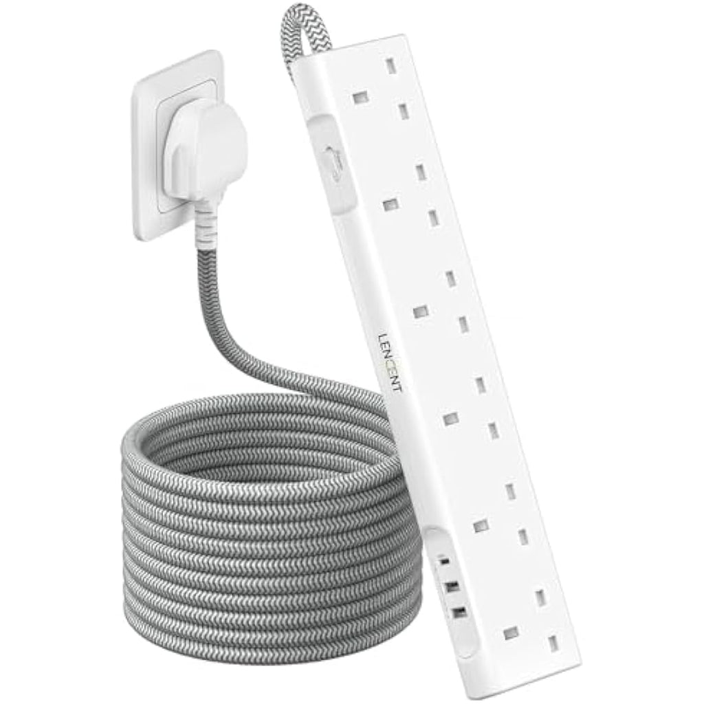 LENCENT 6-Way Power Strip with USB-C | 3M Braided Extension Lead