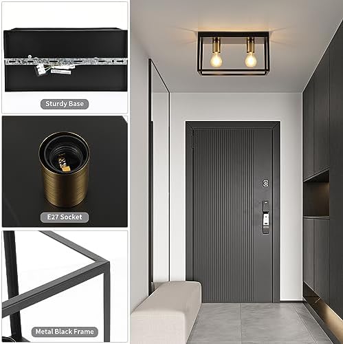 FORCOSO Industrial Black Ceiling Light – 2-Light Metal Cage Flush Mount
