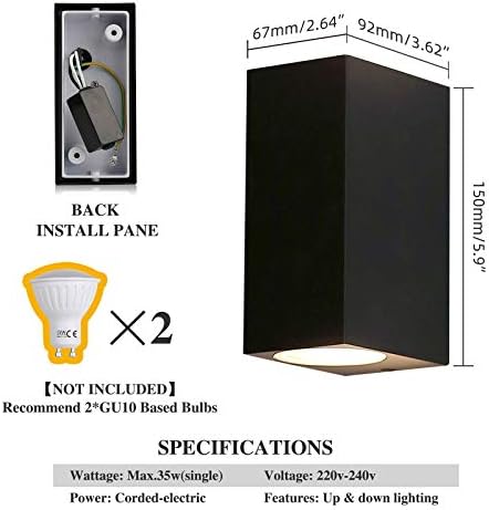 HLFVLITE Outdoor Wall Light – 2 Pack Black IP44 Up Down Aluminum Sconce