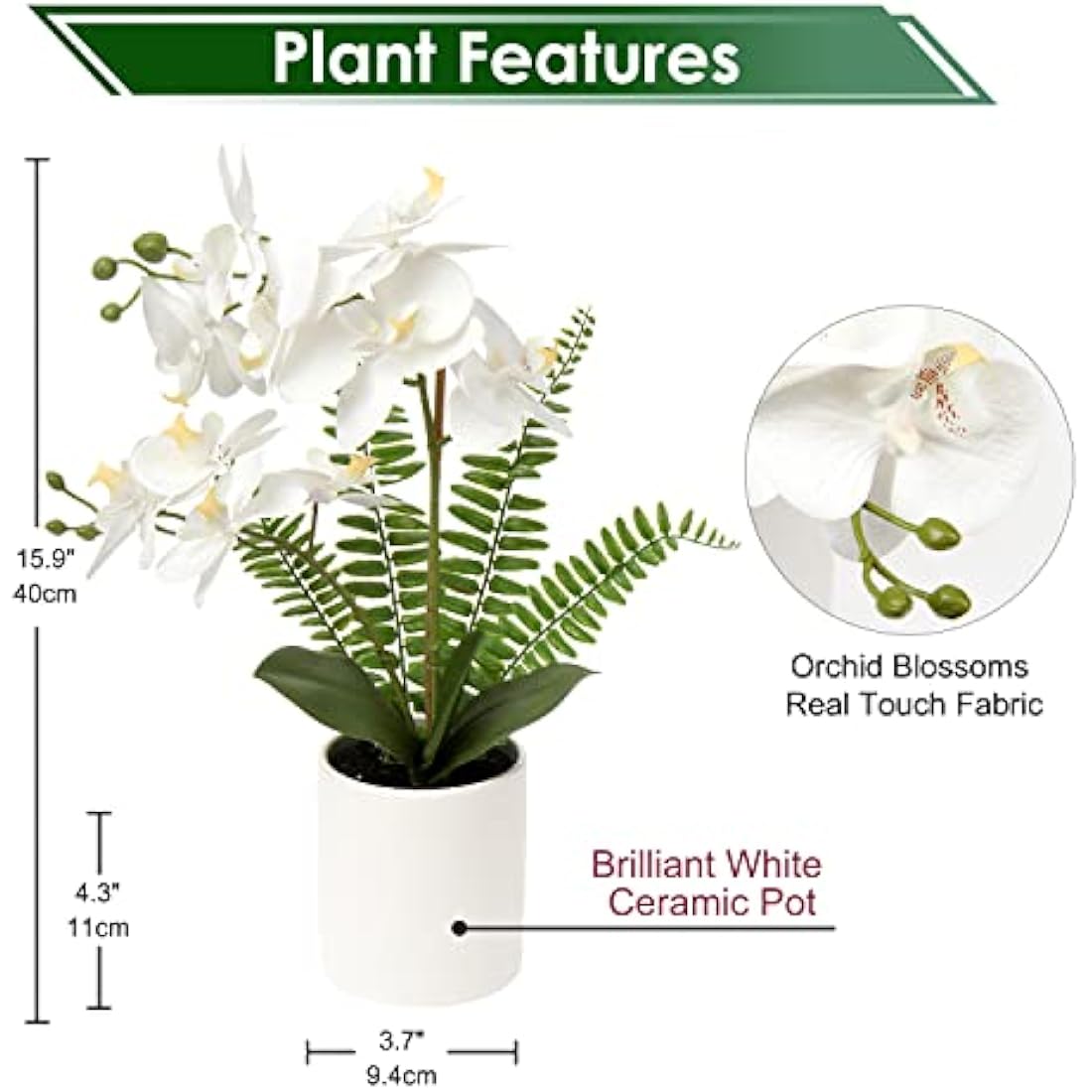 Briful White Artificial Orchid in Ceramic Pot | Faux Phalaenopsis Plant