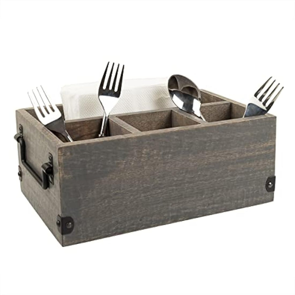 GoCraft Grey Washed Mango Wood 4-Compartment Flatware and Napkin Caddy