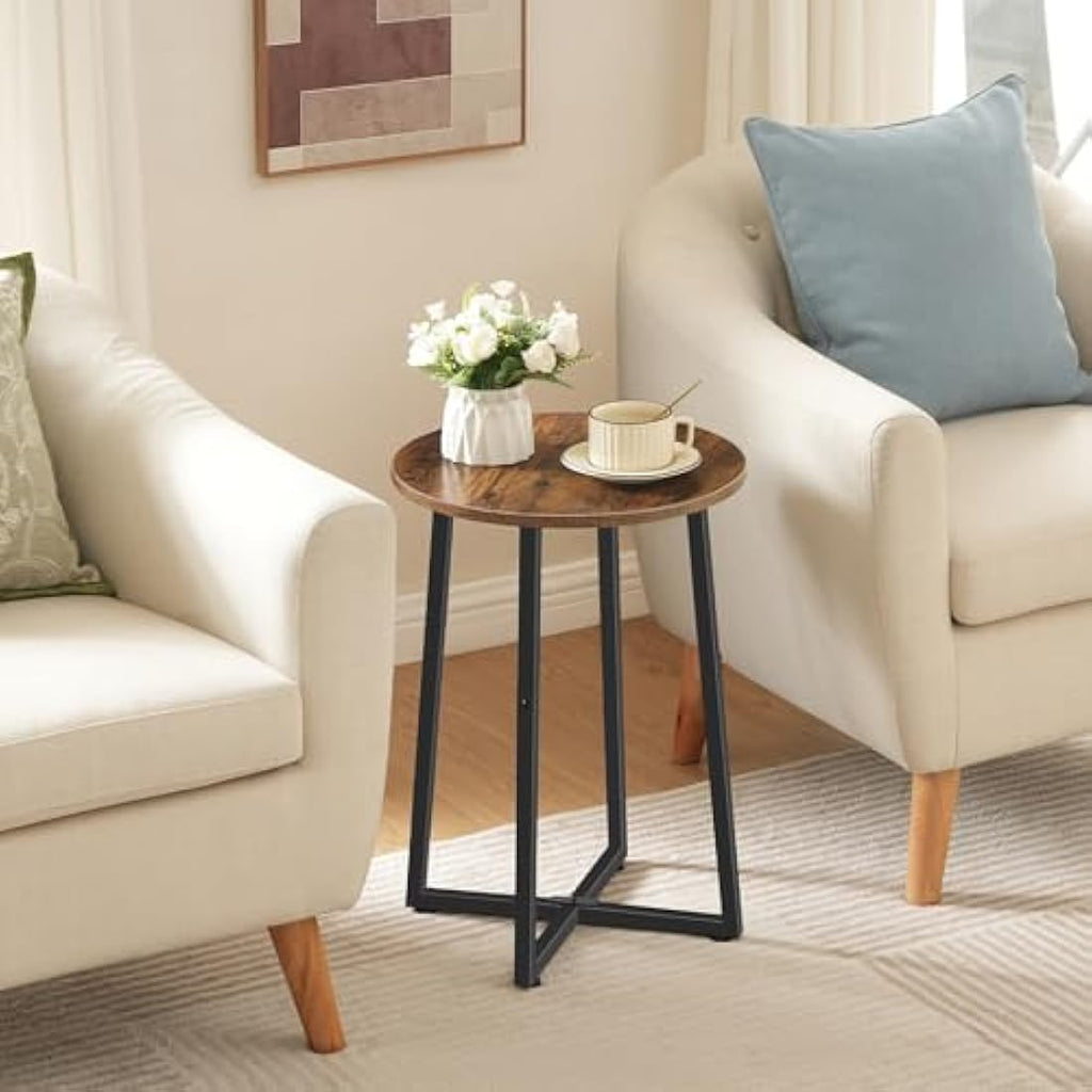 HOOBRO Round Side Table – Industrial Rustic Brown Metal End Table