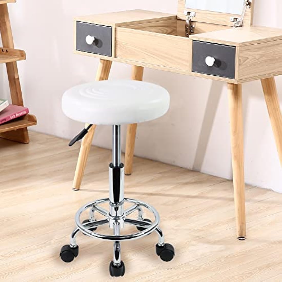 KKTONER PU Leather Rolling Stool - Swivel Salon Chair with Footrest, White